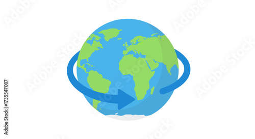 A rotating globe showing continents and a blue arrow encircling it