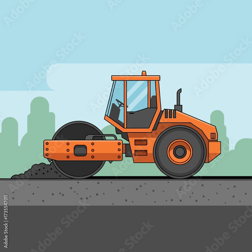 Orange road roller compacting asphalt on a construction site.