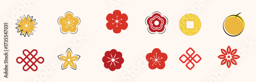 Set of flat oriental decorations for Asian holiday postcards, banners, arts, vector stamps, stickers and symbols.