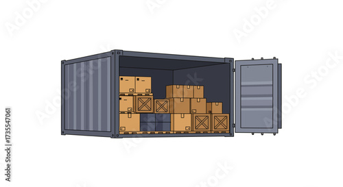A shipping container filled with boxes and an open door