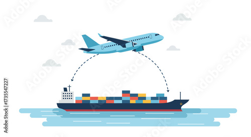 Airplane flying above container ship over water with clouds in a vector illustration