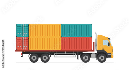 A yellow truck carries shipping containers