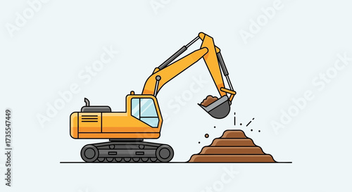 Yellow excavator digging dirt on a light blue background.