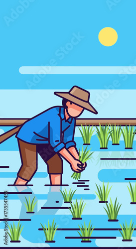 Farmer planting rice in a flooded field under a sunny sky.