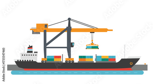Cargo ship docked with crane lifting a container
