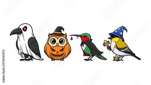 Festive Avian Assemblage: A delightful collection of cartoon birds, each donned in whimsical Halloween costumes. A playful composition showcasing the charming spirit of the spooky season.