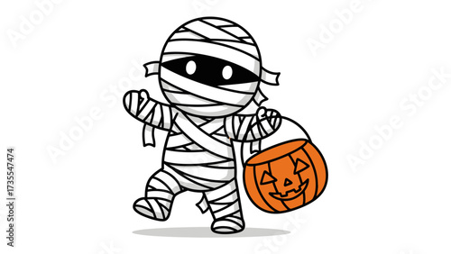 Halloween Mummy: A whimsical mummy character, wrapped in bandages, joyfully strides, carrying a carved pumpkin pail.