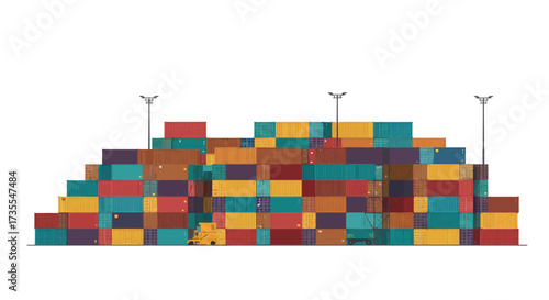 Cargo containers stacked at a shipping port with three lamp posts and two vehicles