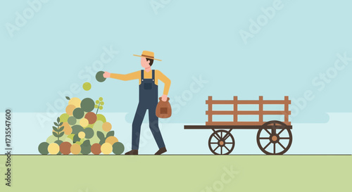 Farmer planting seeds with cart in field under sky.