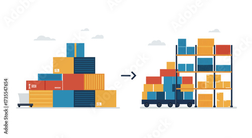 Containers moved from a pile to a transport cart then to organized storage racks