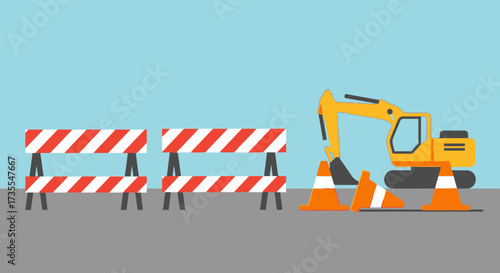 Construction site with barriers and excavator under blue sky.