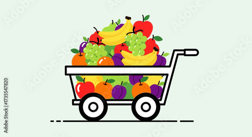 Shopping cart overflowing with a variety of colorful fresh fruits.