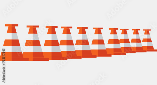 Row of orange and white traffic cones on a white background.