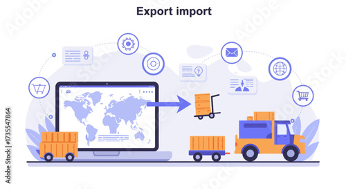 Exportimport illustration A laptop with a world map connects to a truck loaded with cargo