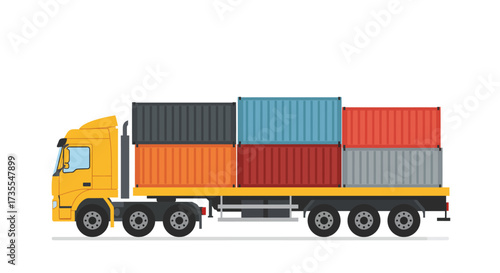 Flat vector Yellow semitruck hauls shipping containers