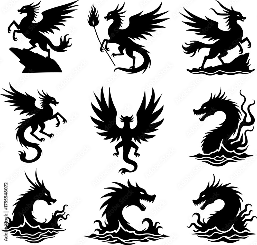 Obraz premium Mythical Dragon Silhouette Set