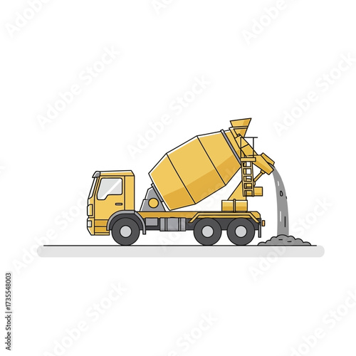 Yellow cement truck pouring concrete onto ground.