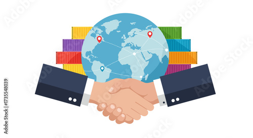 Handshake against global trade containers behind a world globe
