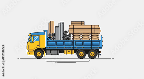 Blue and yellow truck carrying wooden planks and materials.