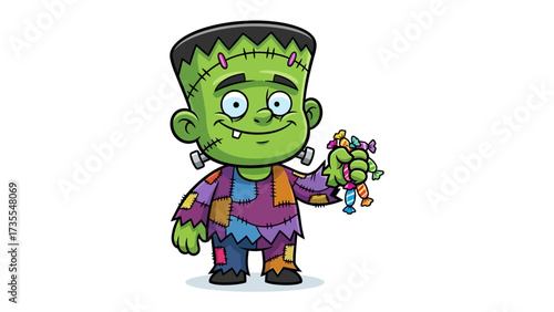 Frankenstein's Monster with Candy: A friendly Frankenstein's monster figure, a delightful blend of spooky and charming, holds a handful of candy in this Halloween-themed illustration. 