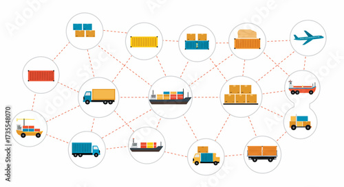 Graphic shows supply chain with trucks ships containers boxes and planes connected by red lines