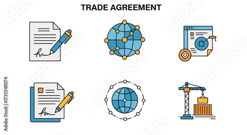 Icons depict a trade agreement including signed documents global networks and shipping processes