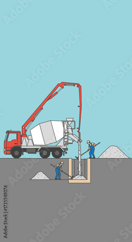 Construction scene with cement truck pouring concrete into foundation.