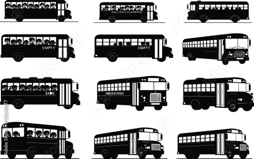 Silhouette school bus icons, front side rear views, black vector set, transportation vehicle collection, isolated empty passenger bus illustrations