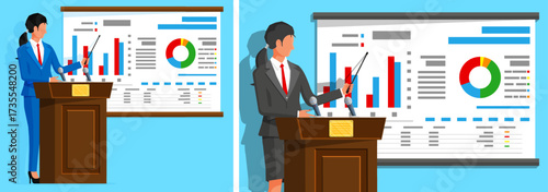 Woman speaker standing at podium giving a business presentation, pointing at graph. Conference or seminar concept for corporate training and education.