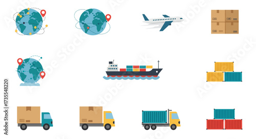 Illustrated transportation icons globes planes cargo ships trucks and shipping containersboxes