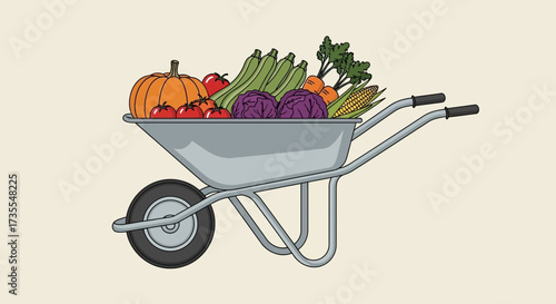 Wheelbarrow filled with fresh vegetables and fruits.