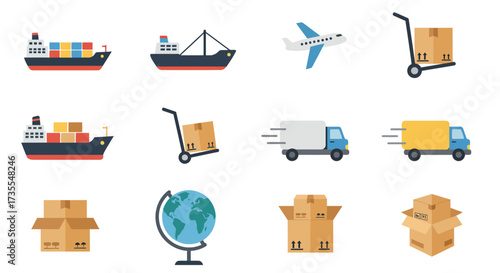Icons of shipping ships plane carts trucks globe and boxes are displayed against a white background