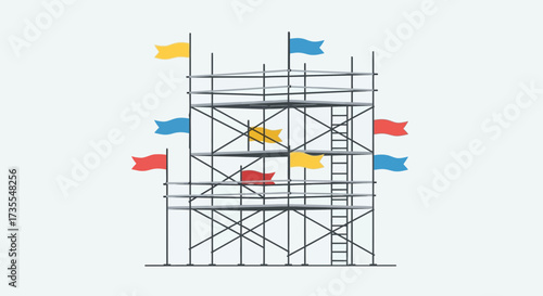Scaffolding structure with colorful flags against a light background.