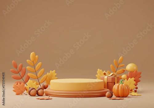 Minimal Autumn Podium with Seasonal Decorations