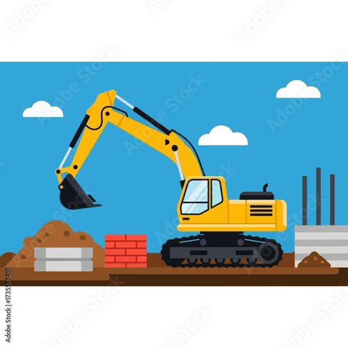Yellow excavator at construction site with building materials.