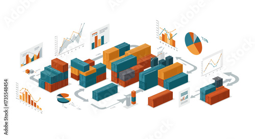 Isometric illustration showing cargo containers and associated economic data