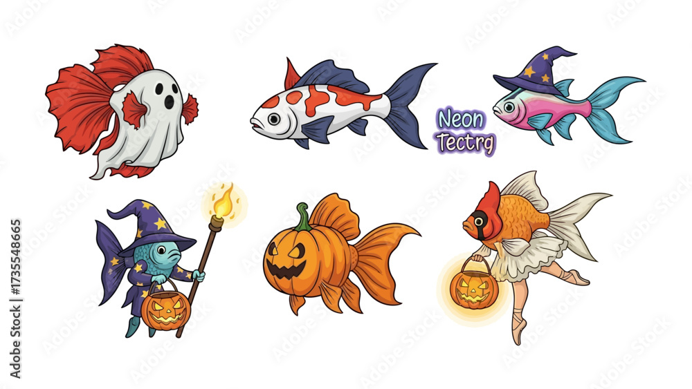 Obraz premium Festive Fantasy of Fish: A charming collection of six whimsically designed fish, each adorned in a unique Halloween costume, floats across a simple backdrop.