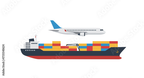 Plane flies above a cargo ship loaded with colorful containers