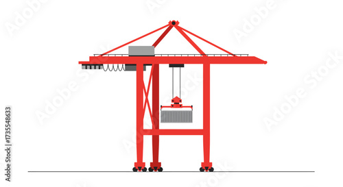 Red shipping crane holding a container