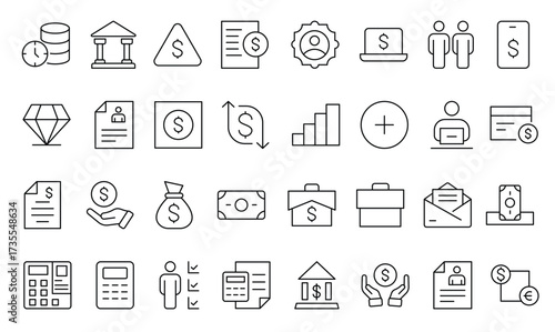 Set of line icons related to accounting, audit, and taxes. Outline icon collection. Business symbols.Income set. Containing money, tax, earnings, payment, paycheck, work, pension, and wages icons.