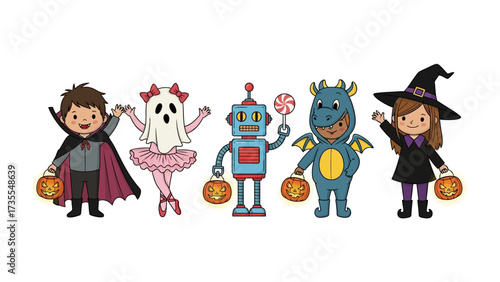 Halloween Costume Parade: A charming illustration features a group of costumed children. Each unique character ready for Trick-or-Treat night. A celebration of creativity. 
