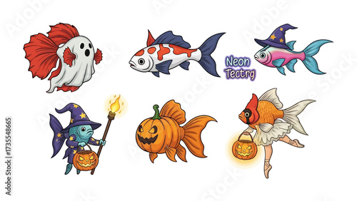 Festive Fantasy of Fish: A charming collection of six whimsically designed fish, each adorned in a unique Halloween costume, floats across a simple backdrop.