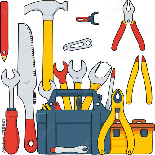 Vector Illustration of Shed Tools Neatly Arranged – Toolbox and Hand Tools Essentials for Workshop and DIY Projects