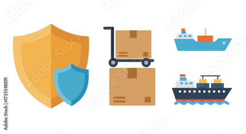 Shipping insurance icon shields protect boxes on a dolly and cargo ships