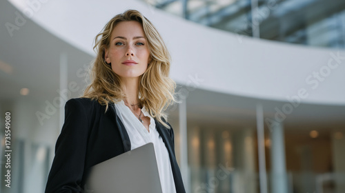 Portrait of a confident woman holding a laptop in a modern office building