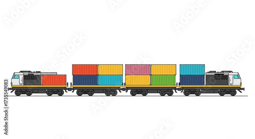 Train two locomotives  rail cars loaded with shipping containers various colors