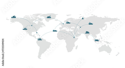 World map illustration showcasing shipping routes with dashed lines and cargo ships