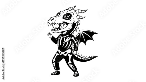 Spooky Dragon Silhouette : A whimsical illustration depicting a cute dragon, donned in a skeleton costume. Its skeletal structure is exposed, and the wings are visible as it smiles and waves.