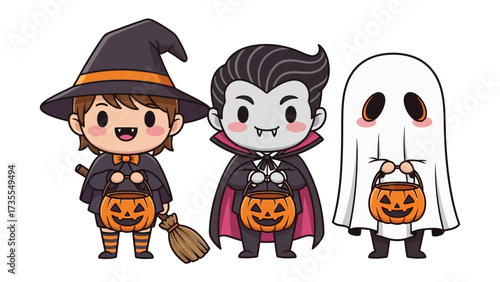 Spooky Halloween Trio: Three cartoon characters dressed in festive Halloween costumes, bringing the spirit of the holiday to life with playful glee.
