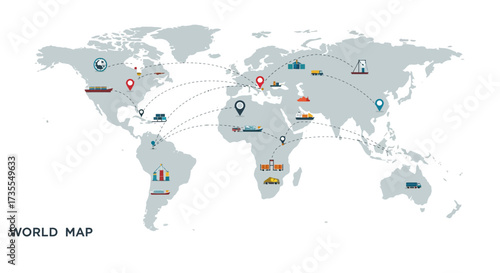 World map showing global trade routes represented by dashed lines various transportation icons and location markers